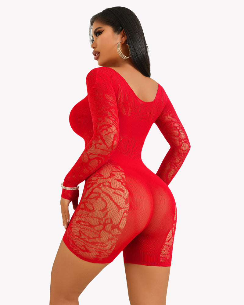 Red lace fishnet teddy bodysuit dress with long sleeves and back cutout detail