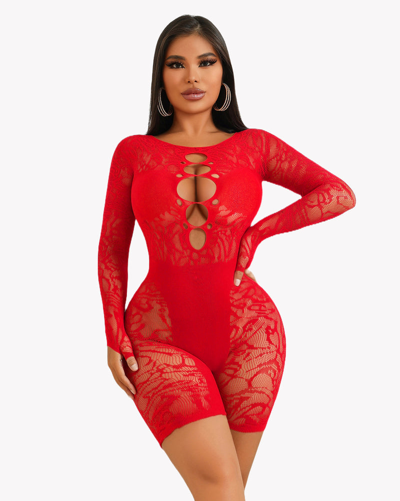 Red lace cut-out fishnet bodysuit dress with long sleeves and vertical oval cutouts