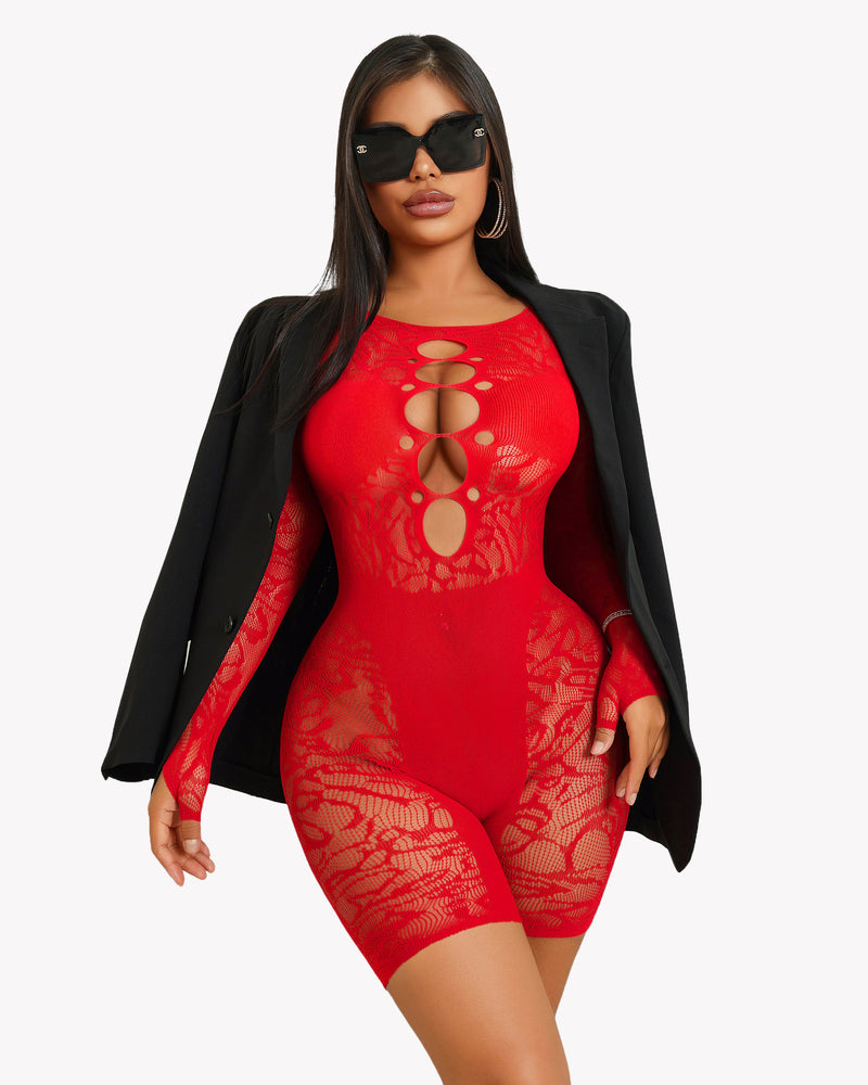 Red fishnet cut-out teddy bodysuit with long sleeves and oval chest openings