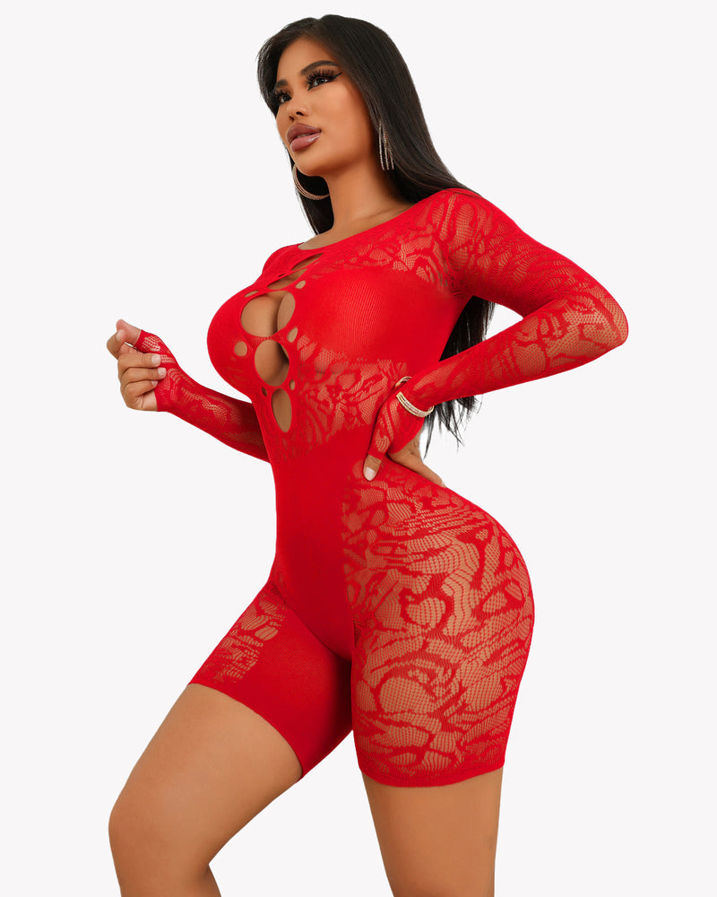 Red fishnet bodysuit teddy dress with long sleeves and oval cut-outs at chest