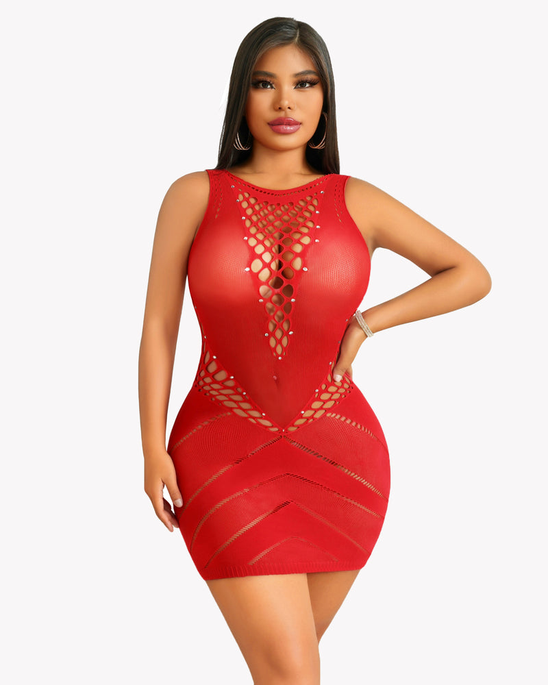 Red fishnet mini chemise dress with diamond cutout net panels and sleeveless fitted design