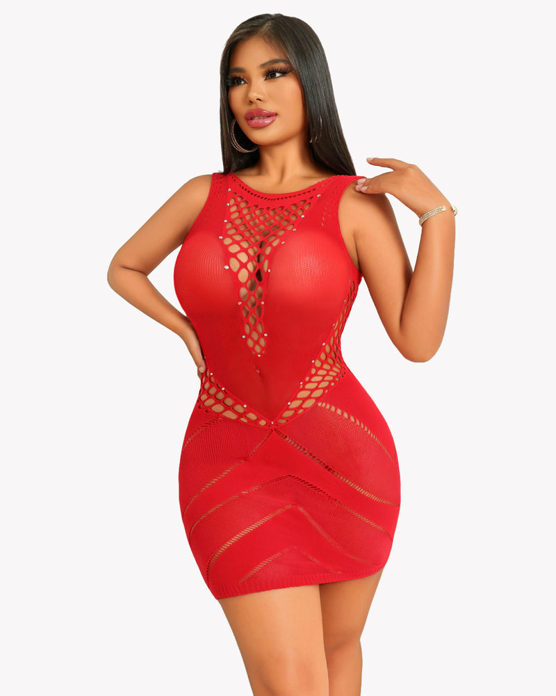 Red fishnet mini chemise dress with open net chest and diamond cutout pattern, sleeveless