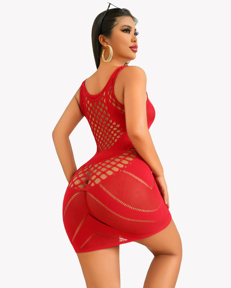 Red fishnet chemise dress with scoop neckline, open backless cut
