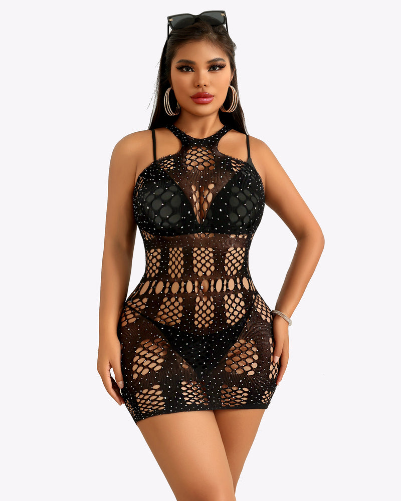 Black mesh bodycon dress with halter neckline and circular hollow cutouts, short hem