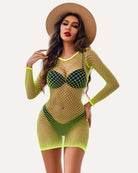 Lemon green fishnet long-sleeve mini dress with crew neck, fitted silhouette.