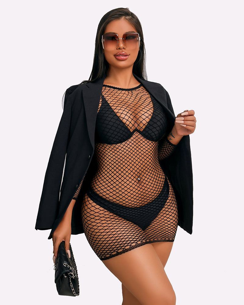 Black fishnet long-sleeve mini dress with crew neck and sheer mesh overlay.
