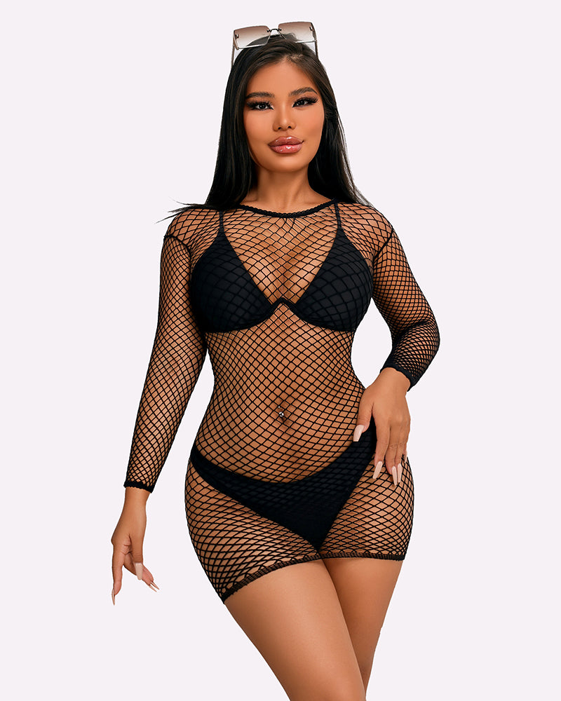 Black fishnet long-sleeve mini dress with crew neck and mesh overlay.