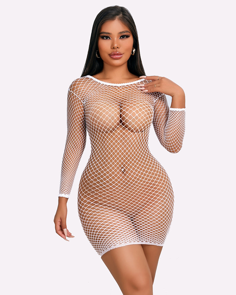 White fishnet long-sleeve mini dress with crew neck, fitted bodycon shape.