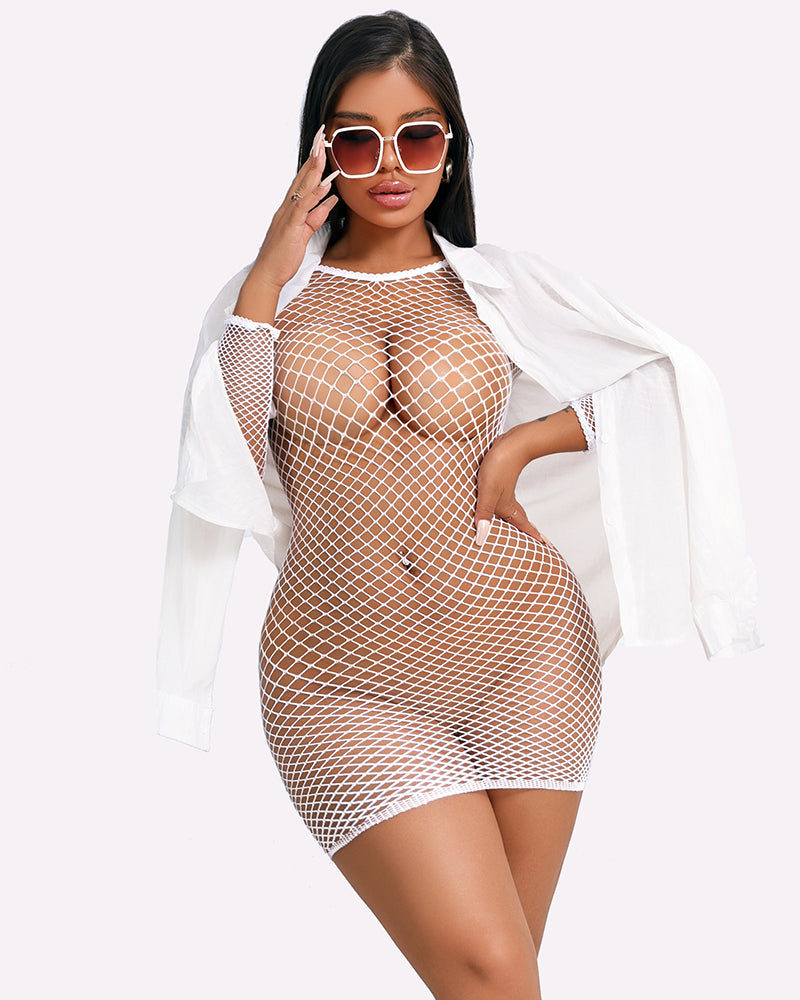 White fishnet long-sleeve mini cover-up dress, crew neck, fitted silhouette.