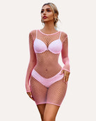 Fishnet cover-up dress, long sleeves, pale pink grid mesh with white bra and panty cutouts