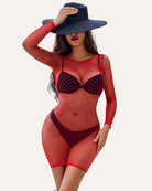Fishnet cover-up dress, long sleeves, red grid mesh, bodycon mini length, front view