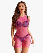 Rose red fishnet halter romper, fitted sleeveless with high neckline