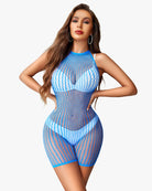 Blue fishnet bodysuit romper with halter neckline and high-cut mesh shorts, front view.