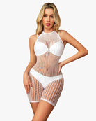 White fishnet bodysuit romper with halter neckline and matching mesh shorts, front view.