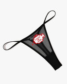 Black sheer mesh t-back thong with narrow front, thin side straps, and low-rise cut