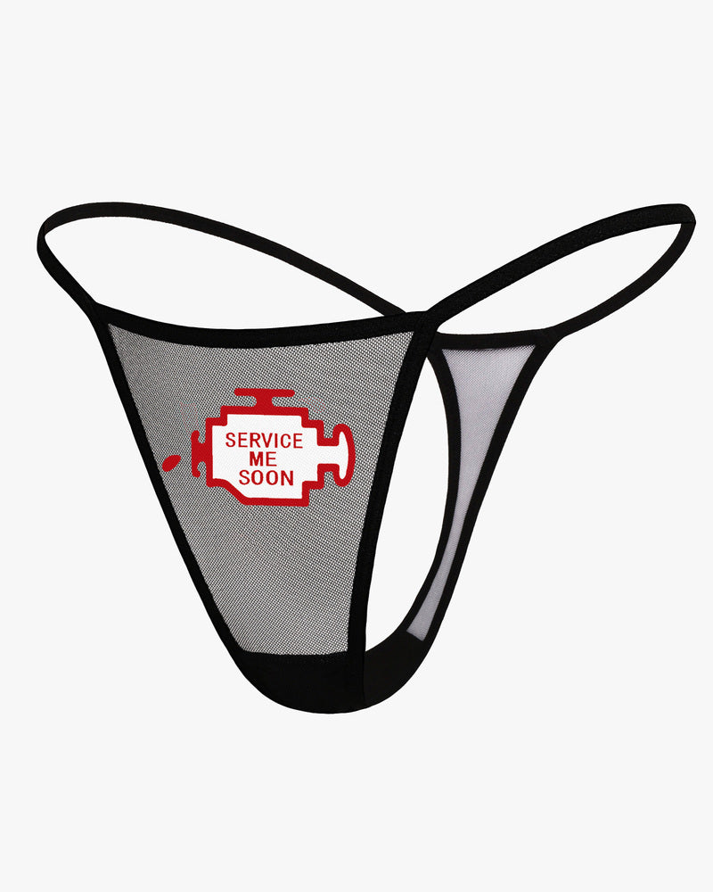 Black low-rise mesh t-back panty with red 'SERVICE ME SOON' patch