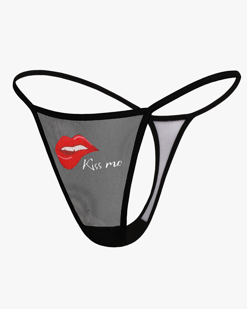 Black sheer mesh t-back thong with triangle front panel and narrow back coverage