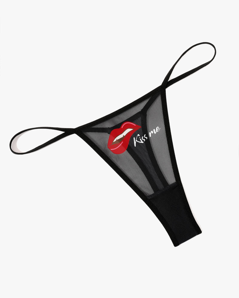Black sheer mesh t-back thong with thin straps and low-rise waistband