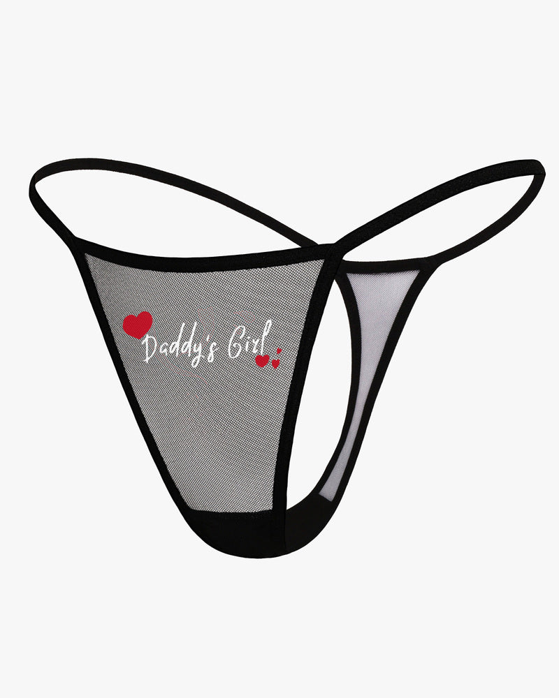 Black low-rise mesh t-back panty with heart graphic and lace-trim edge