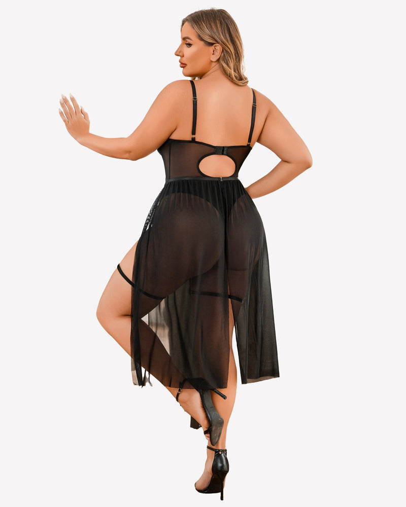 Black backless bodysuit with strappy straps and sheer high-slit skirt