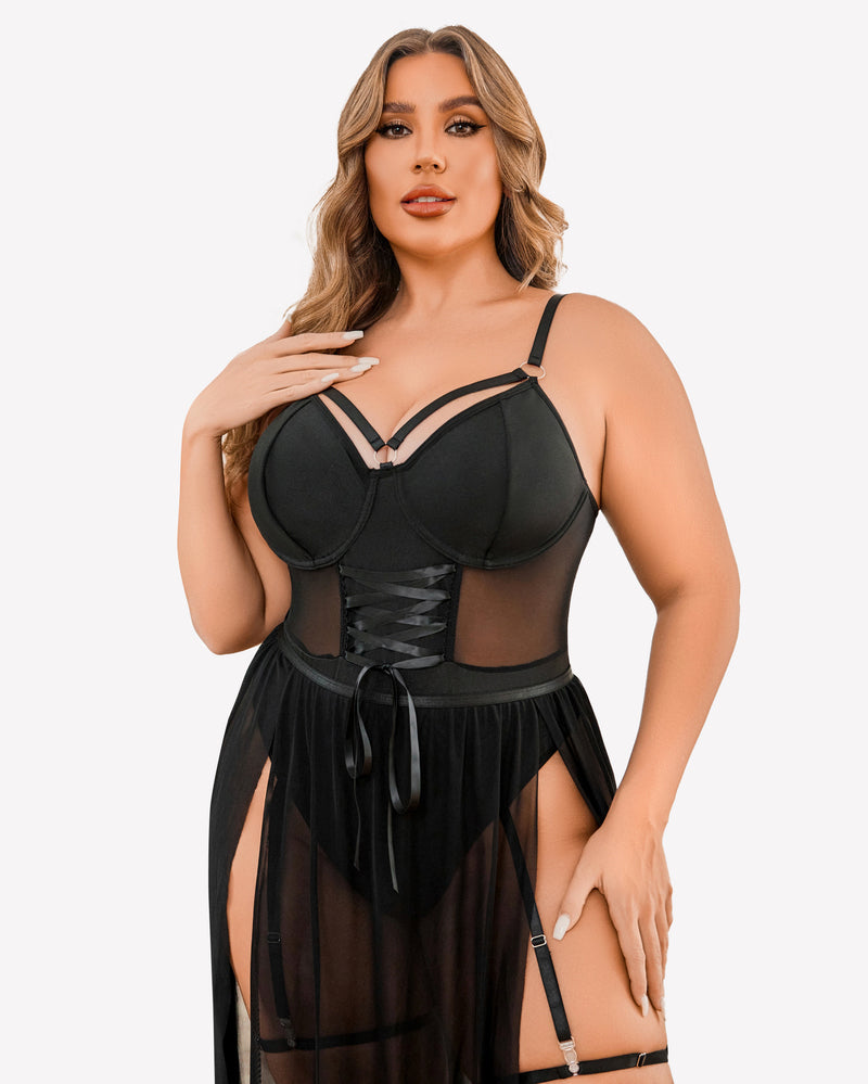 Black bodysuit with lace-up bust, sheer sides, and attached high-slit skirt