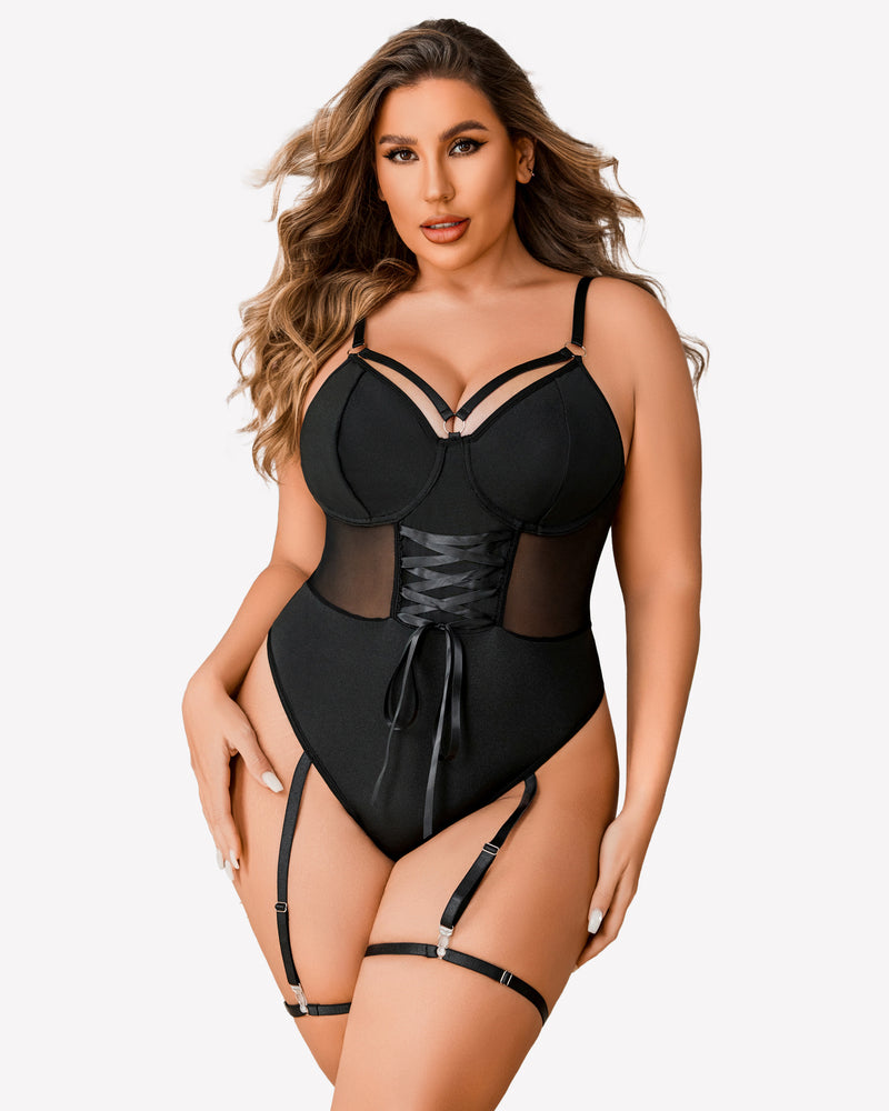 Black lingerie-style bodysuit with sheer cutout panels and attached high-slit skirt