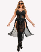 Black plus-size bodysuit with sheer high-slit skirt overlay