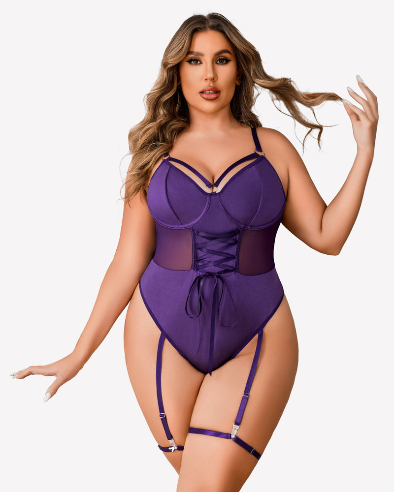 Purple bodysuit dress with underwire cups, lace-up tie, and garter straps
