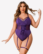 Purple bodysuit dress with underwire cups, lace-up tie, and garter straps