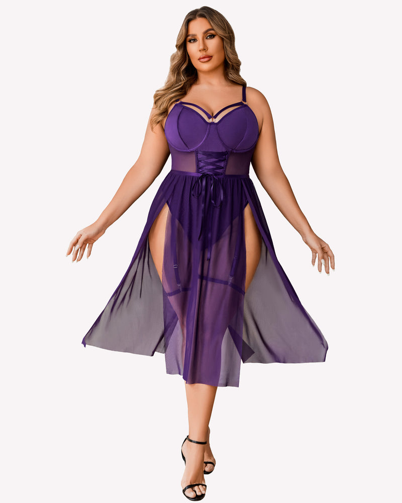 Purple bodysuit dress with underwire cups, sheer overlay, and high-slit skirt