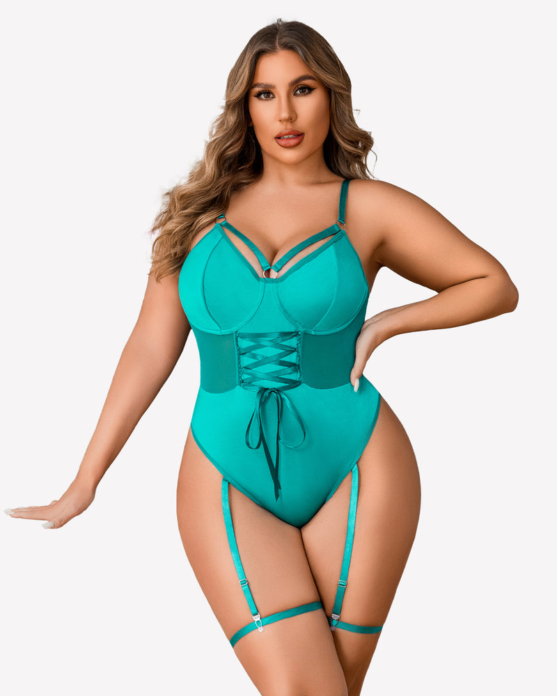 Plus size lace-up bodysuit with underwire cups, garter straps, and tie-front, teal