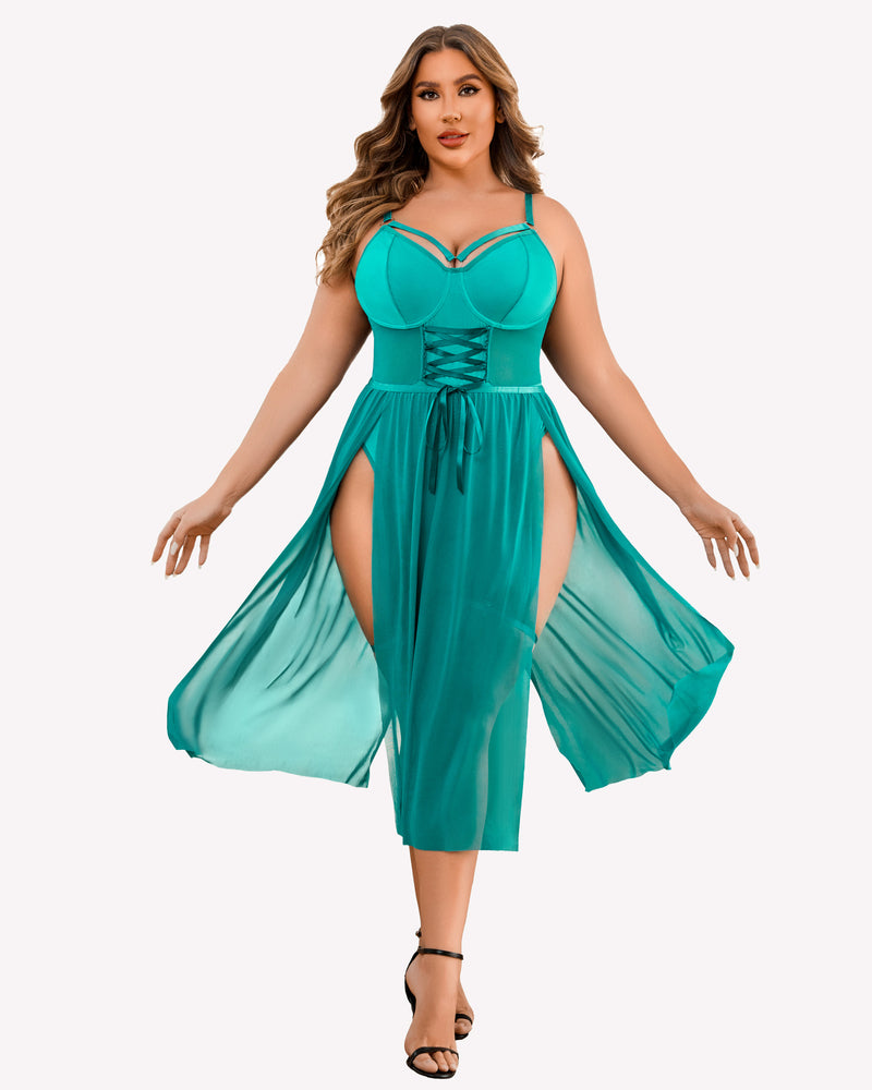 Teal bodysuit dress with underwire cups and flowing sheer high-slit skirt