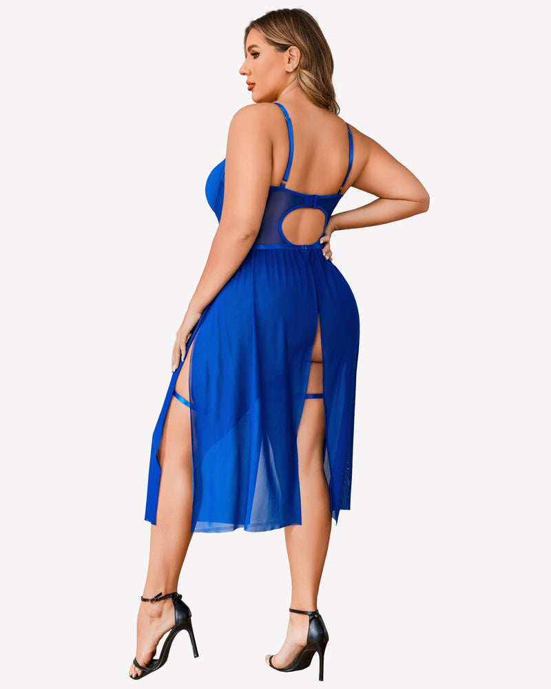 Blue bodysuit dress with sheer high-slit overlay and back cutout