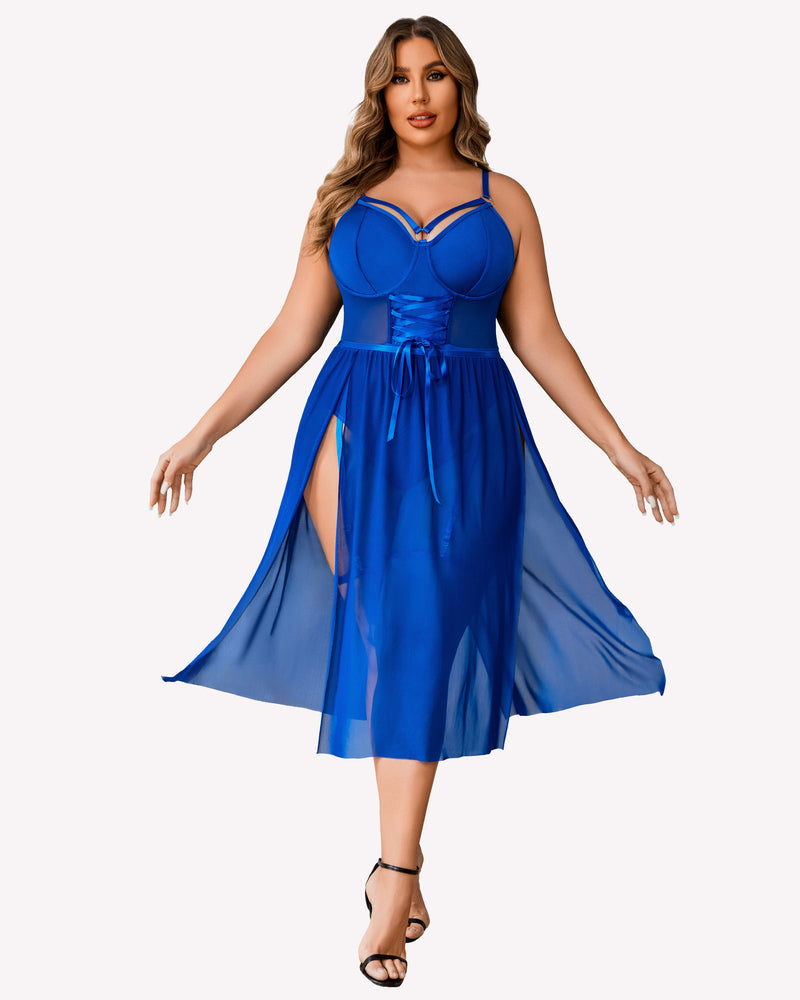 Royal blue bodysuit dress with underwire cups and flowing sheer high-slit skirt