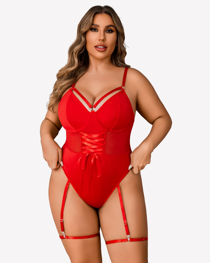 Red bodysuit with lace-up panel, sheer sides, and attached high-slit skirt
