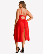 Red plus-size bodysuit dress with sheer high-slit skirt and front cutout