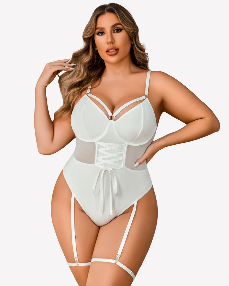 White plus-size bodysuit with sheer panels and attached high-slit skirt