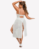 White bodysuit with cutout back and sheer high-slit skirt overlay