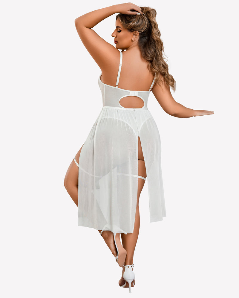 White bodysuit with cutout back and sheer high-slit skirt overlay