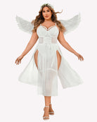 White bodysuit dress with underwire cups, mesh paneling, and sheer winged sleeves