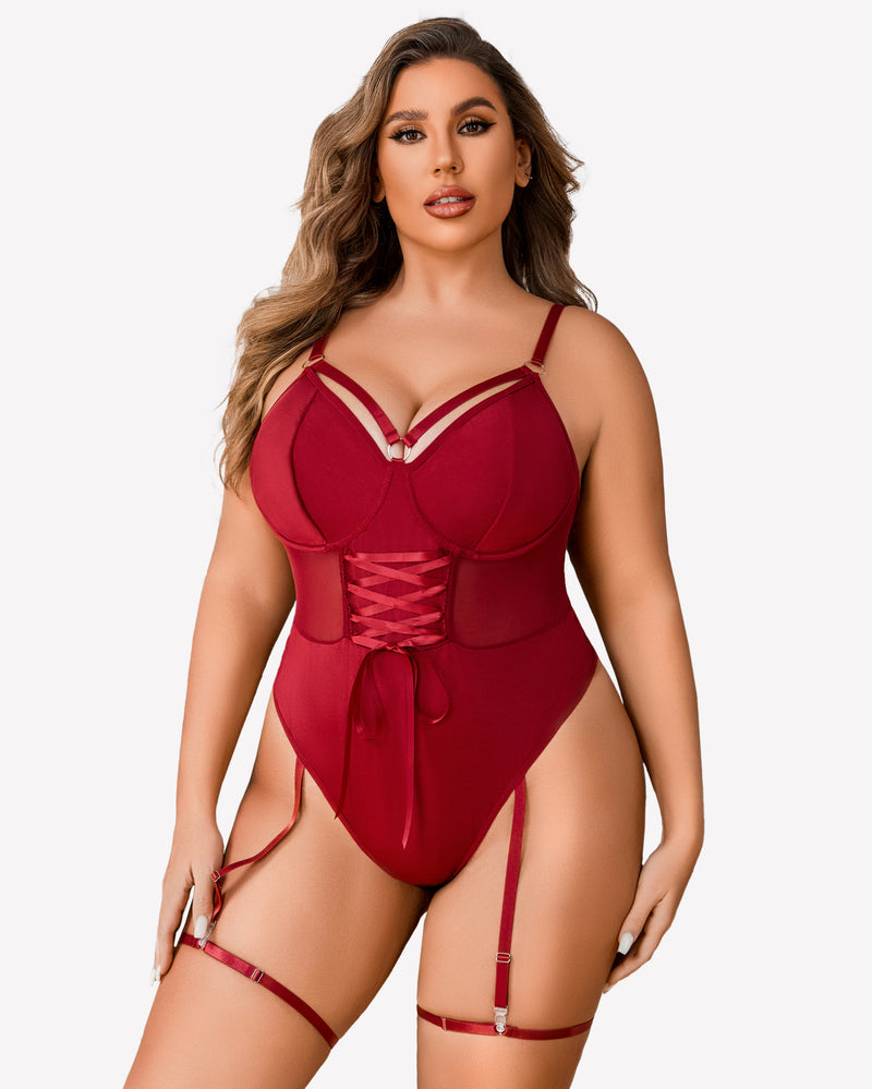 Deep red bodysuit with lace-up front, garter straps, and sheer high-slit skirt