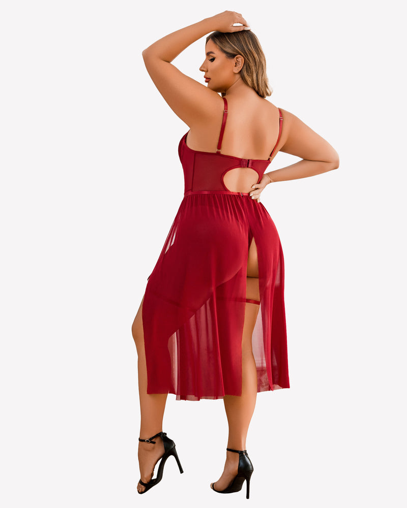 Burgundy bodysuit with strappy back and flowing sheer high-slit skirt
