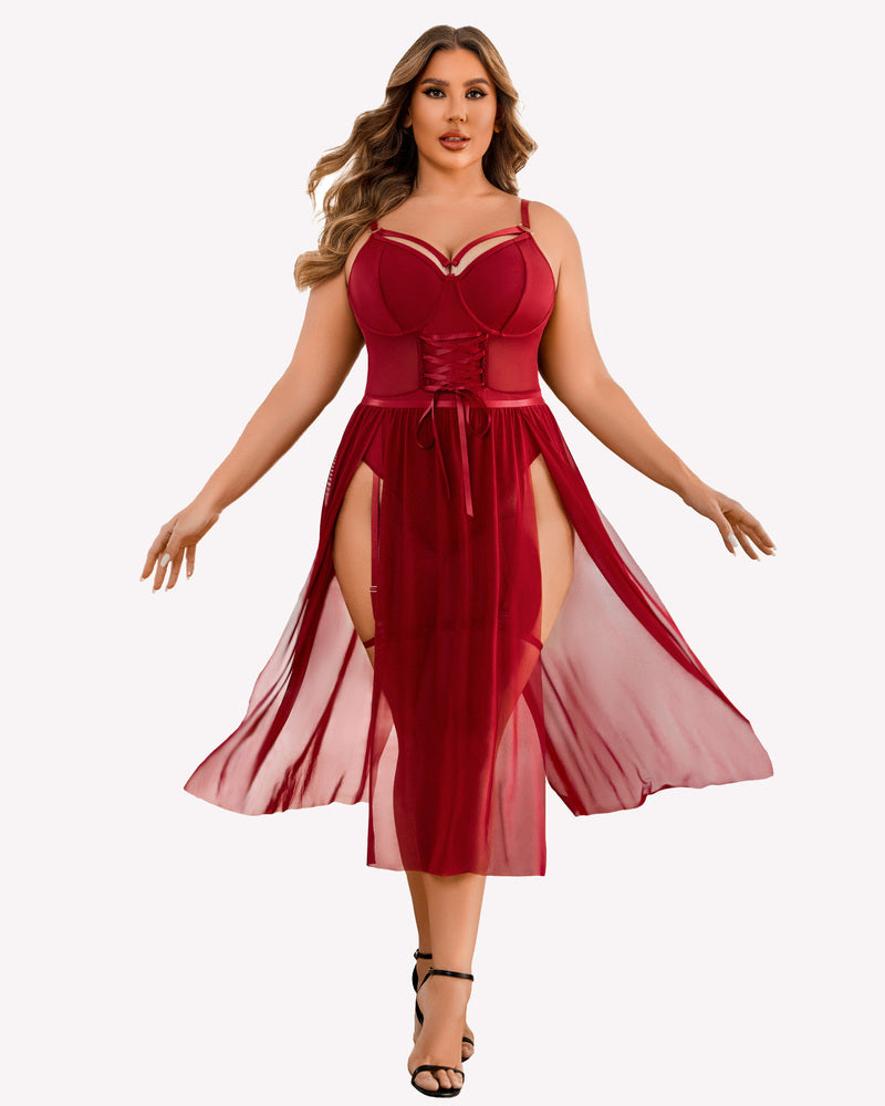 Red bodysuit dress with underwire cups and flowing sheer high-slit overlay