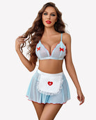 Nurse role-play bra and panty set in light blue with white lace trim and mini skirt
