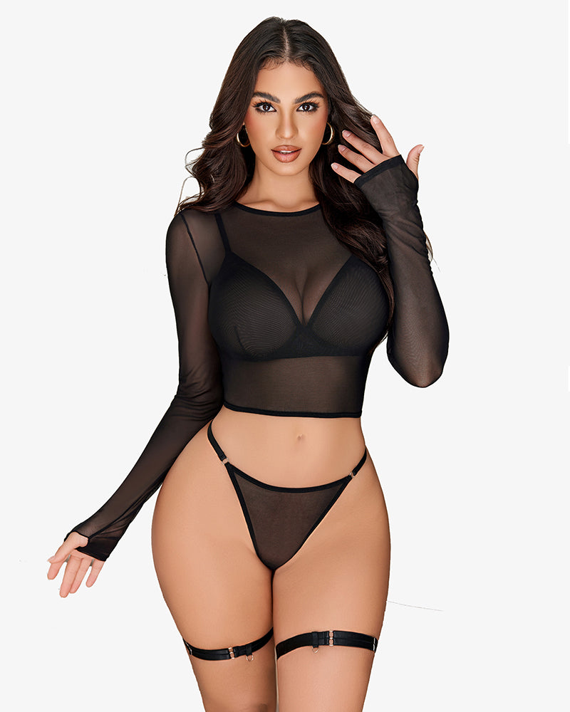Black mesh long-sleeve crop bra and thong set with garter straps