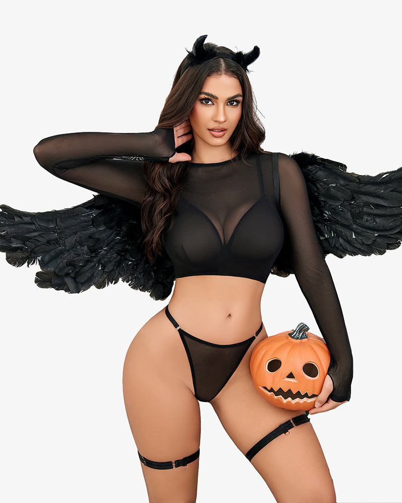Black mesh long-sleeve crop bra and thong set with garter straps