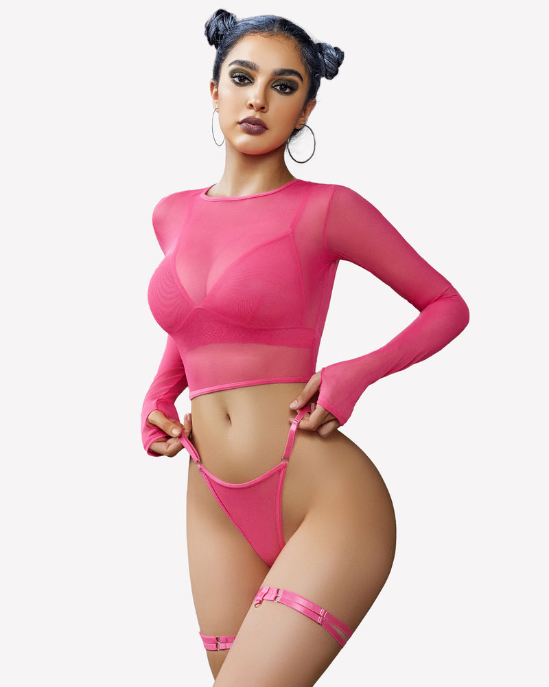 Women's long-sleeve crop top bra and thong panty set, sheer rose-pink