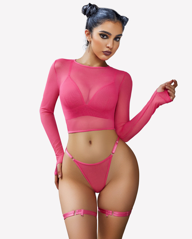 Women's long-sleeve crop top bra and thong panty set, sheer rose-pink front