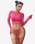 Women's long-sleeve crop top bra and thong panty set, sheer rose-pink front