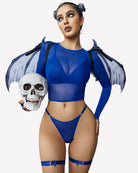 Women's long-sleeve crop top bra and thong panty set, sheer blue with garter straps